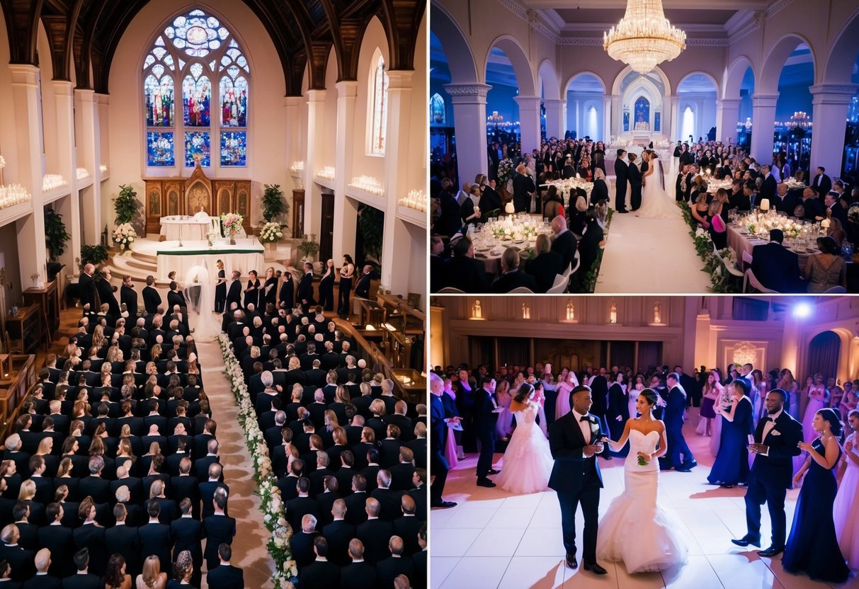 A grand church ceremony with rows of guests, a lavish reception in a stately venue, and a bustling dance floor