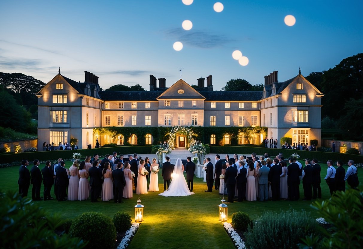 A grand British manor with twinkling lights and a lush garden, where guests gather for a wedding ceremony at dusk