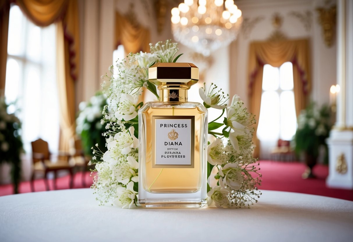 Princess Diana's wedding day: a regal perfume bottle surrounded by delicate white flowers, set against a backdrop of opulent palace interiors