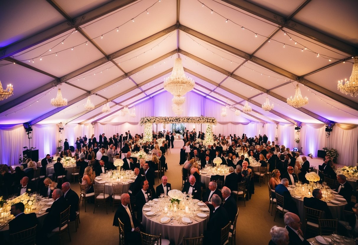 A grand wedding venue with multiple marquees, extravagant decorations, and a large guest list enjoying a lavish reception