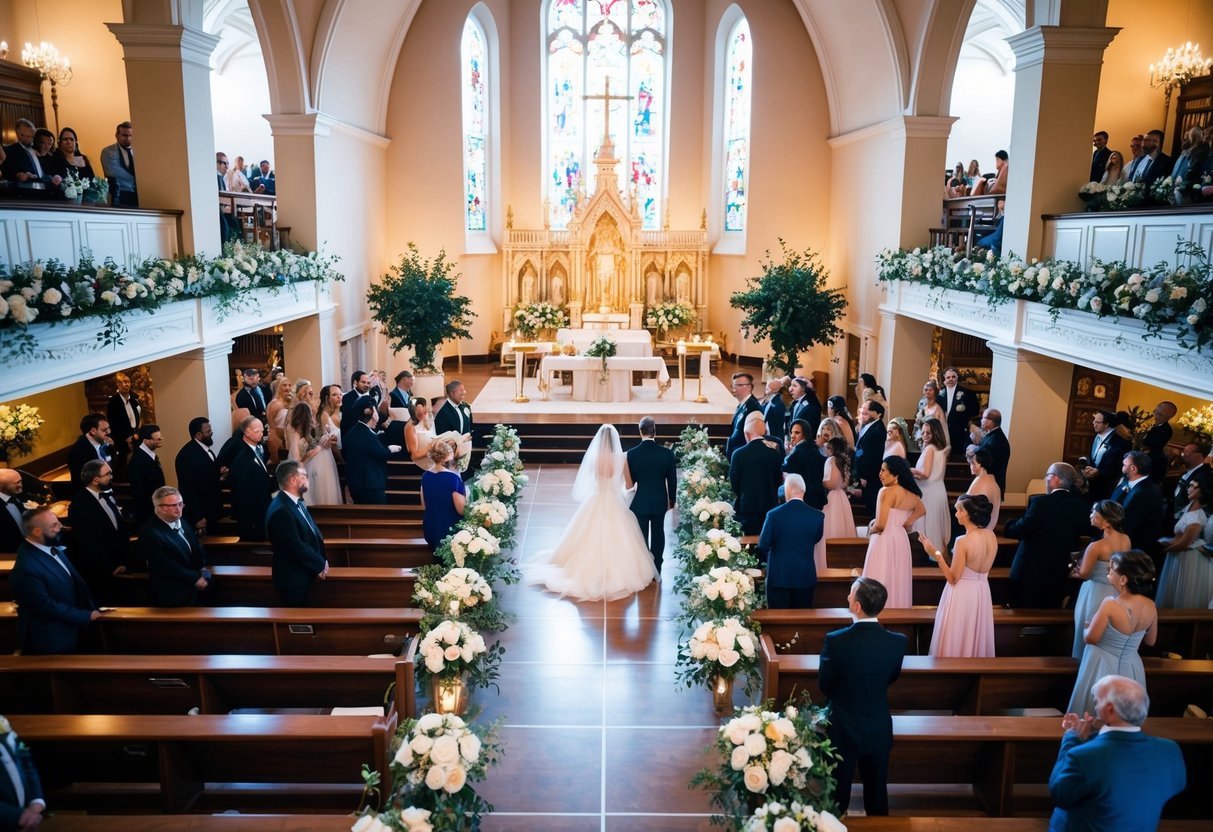A grand church adorned with flowers and guests filling the pews, while a lavish reception venue is decorated with elegant table settings and a bustling dance floor