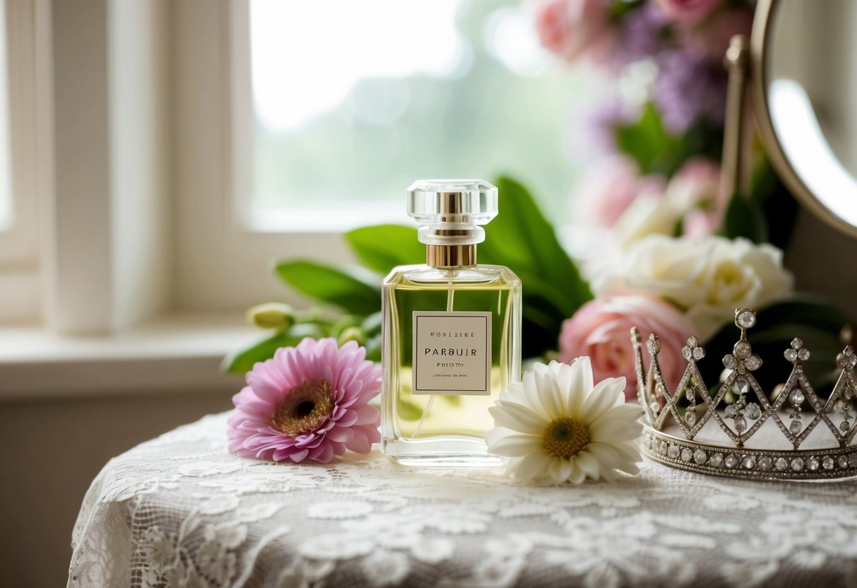 A delicate bottle of perfume sits on a lace-covered vanity, surrounded by flowers and a tiara. The soft light of a window casts a gentle glow over the scene