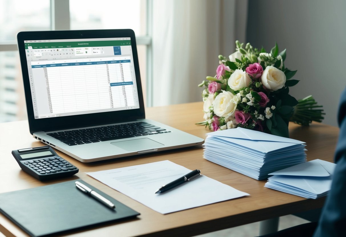 A table with a pen, paper, and a computer open to a spreadsheet. A stack of envelopes and a bouquet of flowers sit nearby