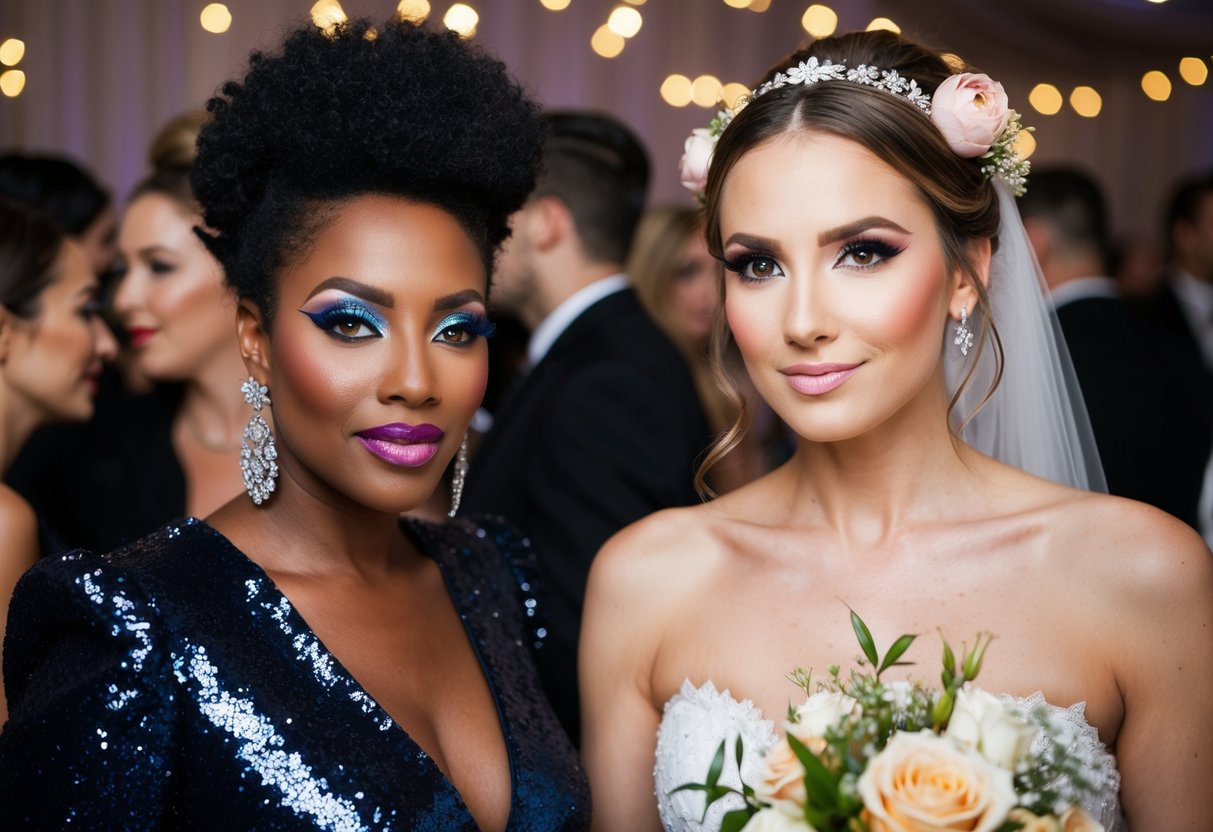 A woman with bold, dramatic makeup and sparkly accessories at a party, while a bride with soft, romantic makeup and flower accents at a wedding
