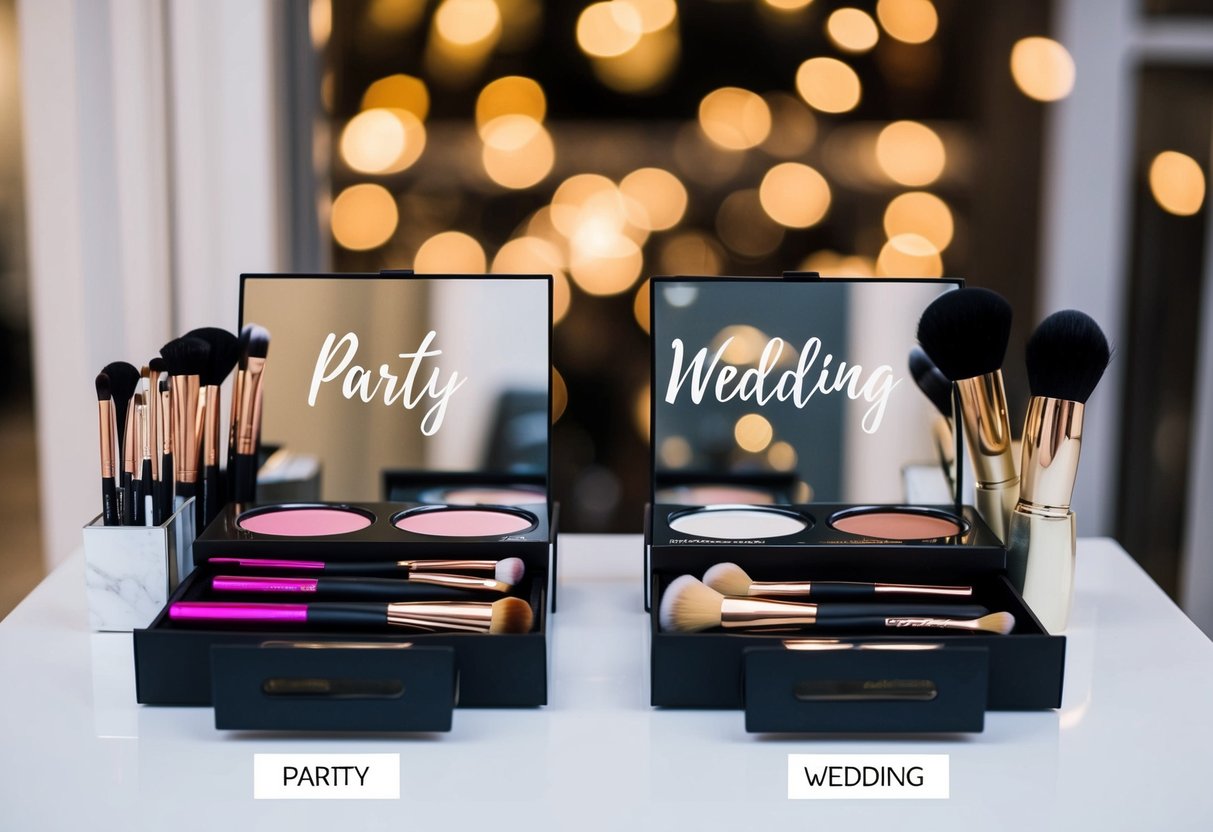 A makeup artist's table with two sets of makeup brushes and products, one labeled "party" and the other labeled "wedding." The "party" set is more vibrant and bold, while the "wedding" set is softer and more natural