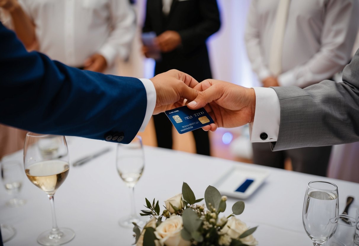 A groom's hand passing a credit card to a vendor at a wedding reception