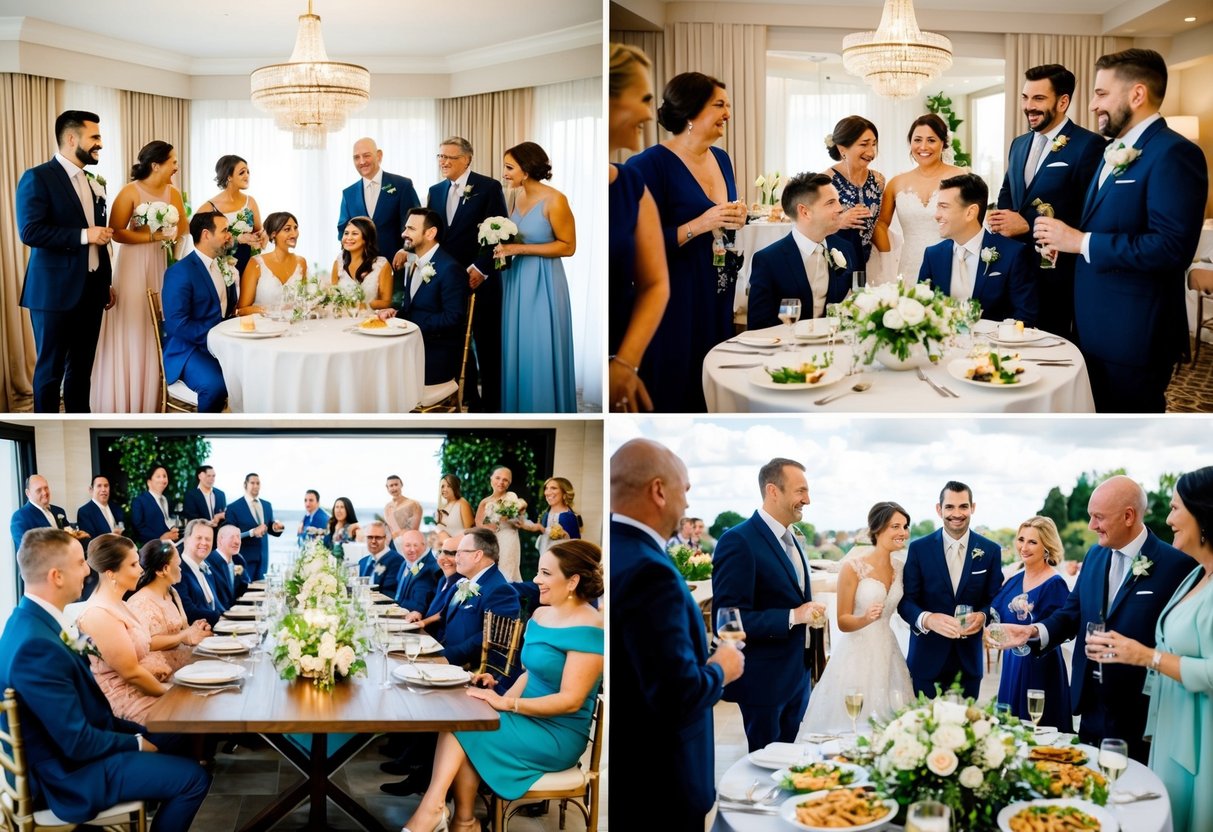 A couple sits at a table, surrounded by family and friends, enjoying pre-wedding festivities. In another scene, guests gather for a post-wedding celebration, with food and drinks provided by the hosts