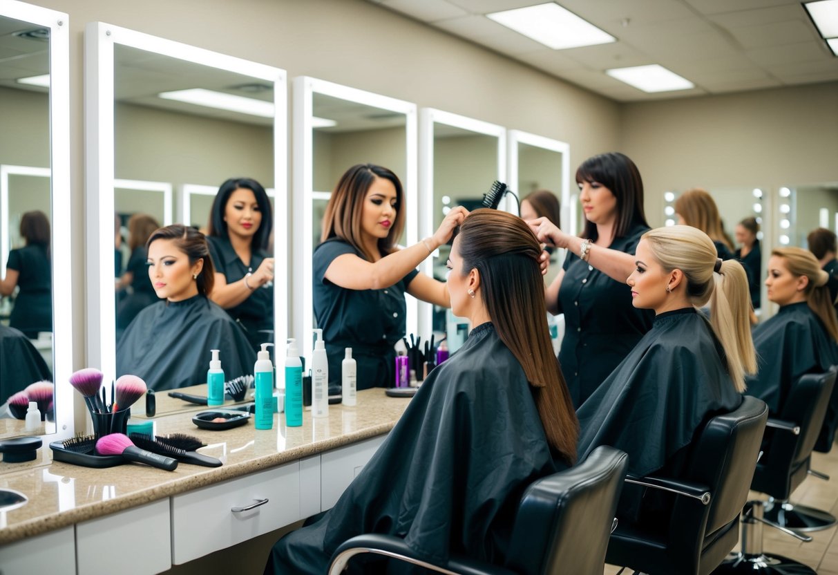 A group of women sit in a salon, each getting their hair and makeup done by professional stylists. Mirrors, brushes, and hair products clutter the counters