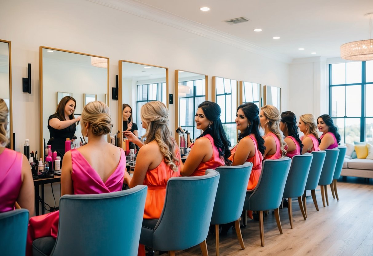 Bridesmaids sit in a row, getting hair and makeup done by stylists in a bright, airy room with large mirrors and comfortable seating
