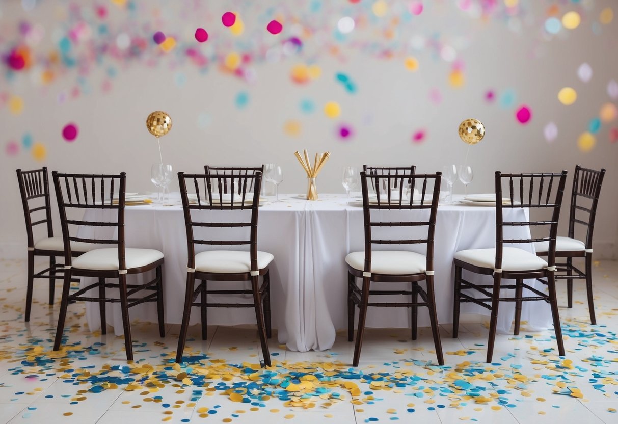 A table set with empty chairs, scattered confetti, and untouched party favors