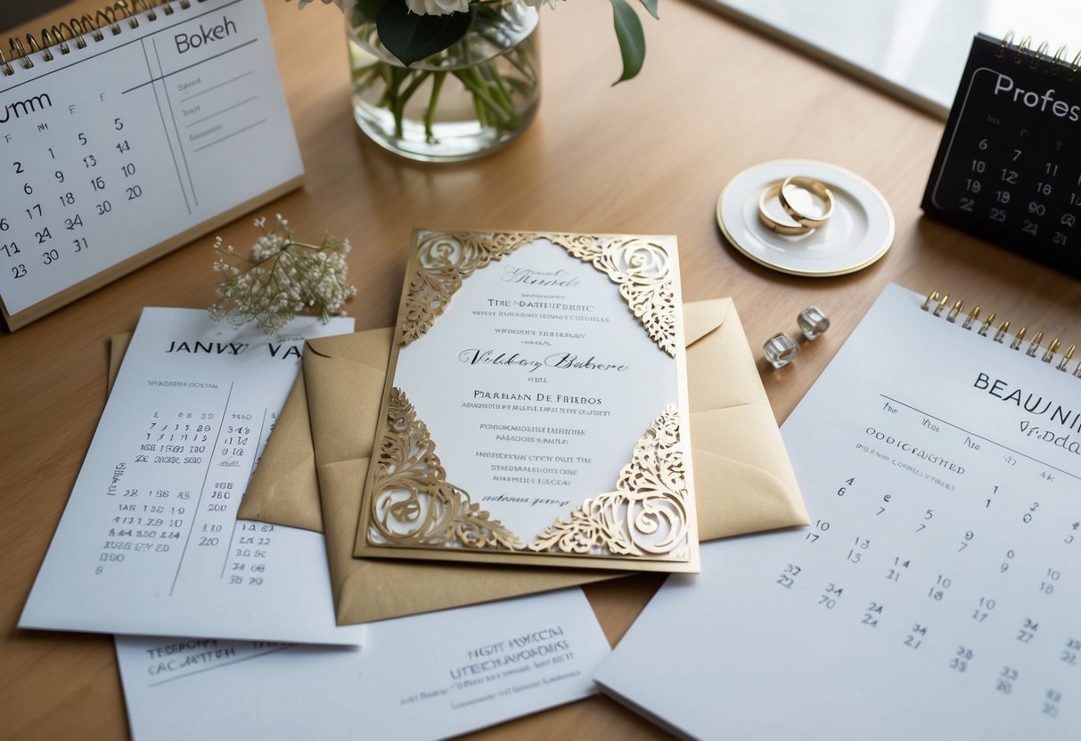 A beautifully decorated wedding invitation lying on a table, surrounded by unopened mail and a calendar showing the wedding date