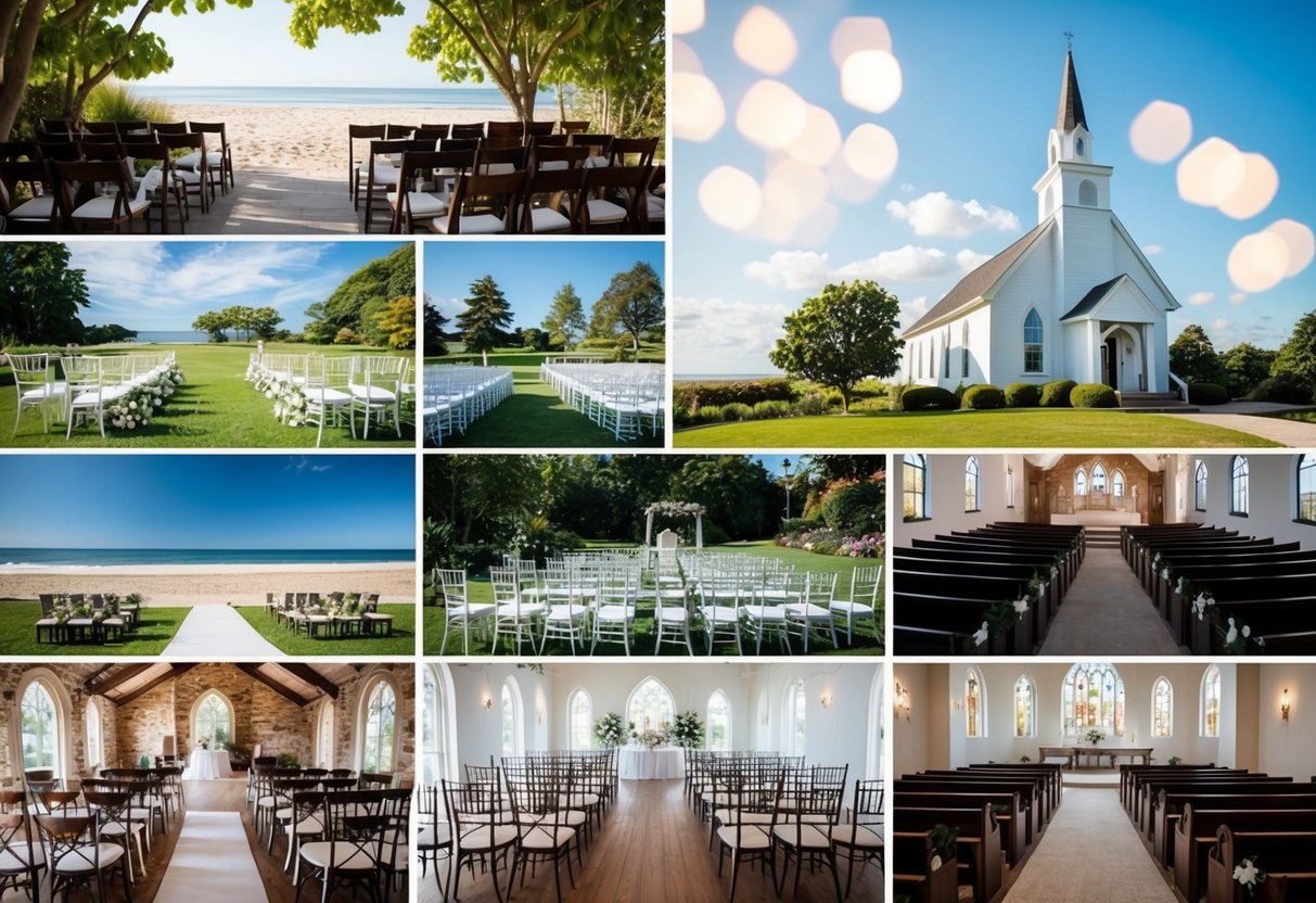 A diverse array of wedding venues, including a beach, garden, and church, with empty and filled seats
