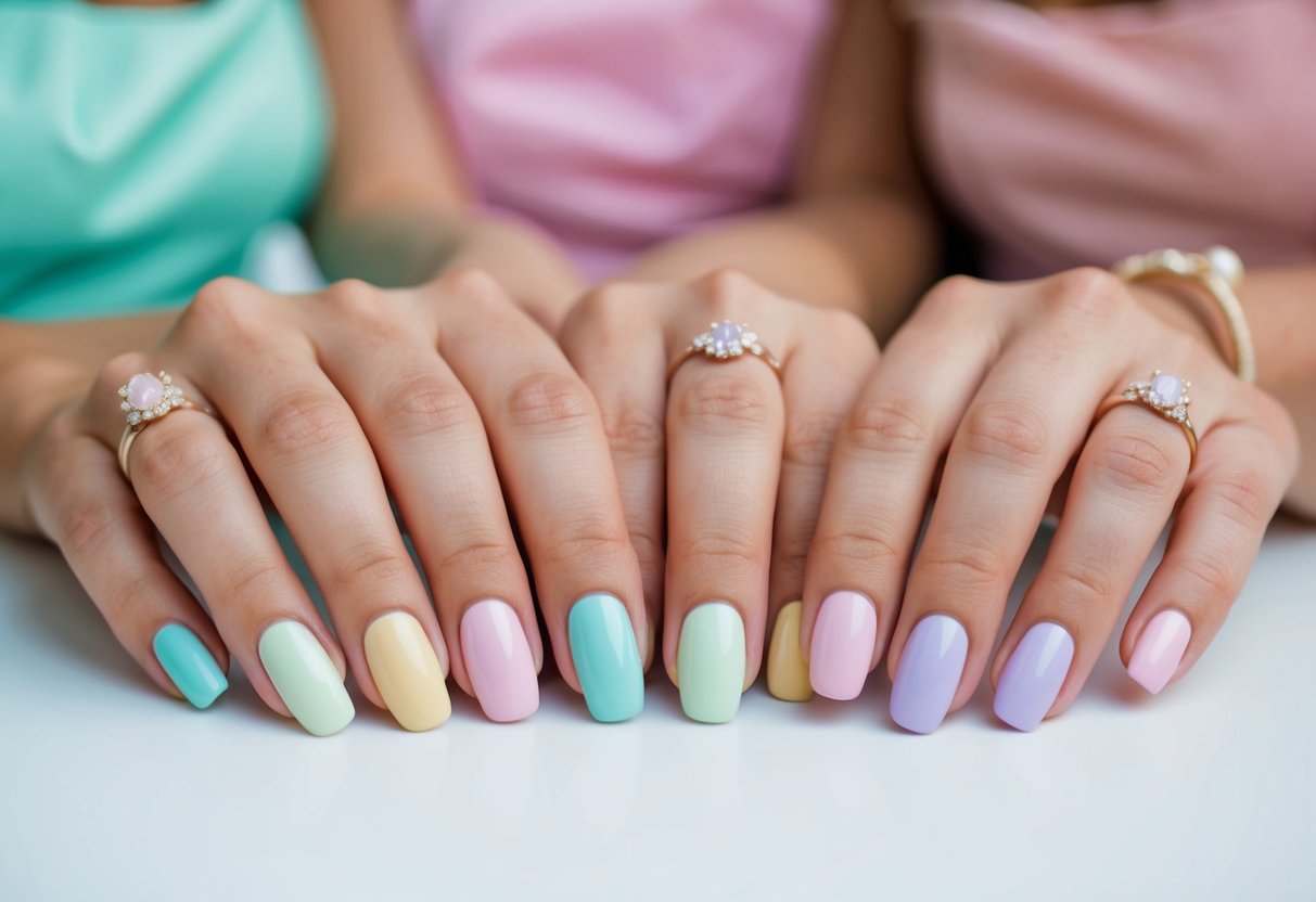 Bridesmaids' nails painted in pastel shades, arranged in a row on a table