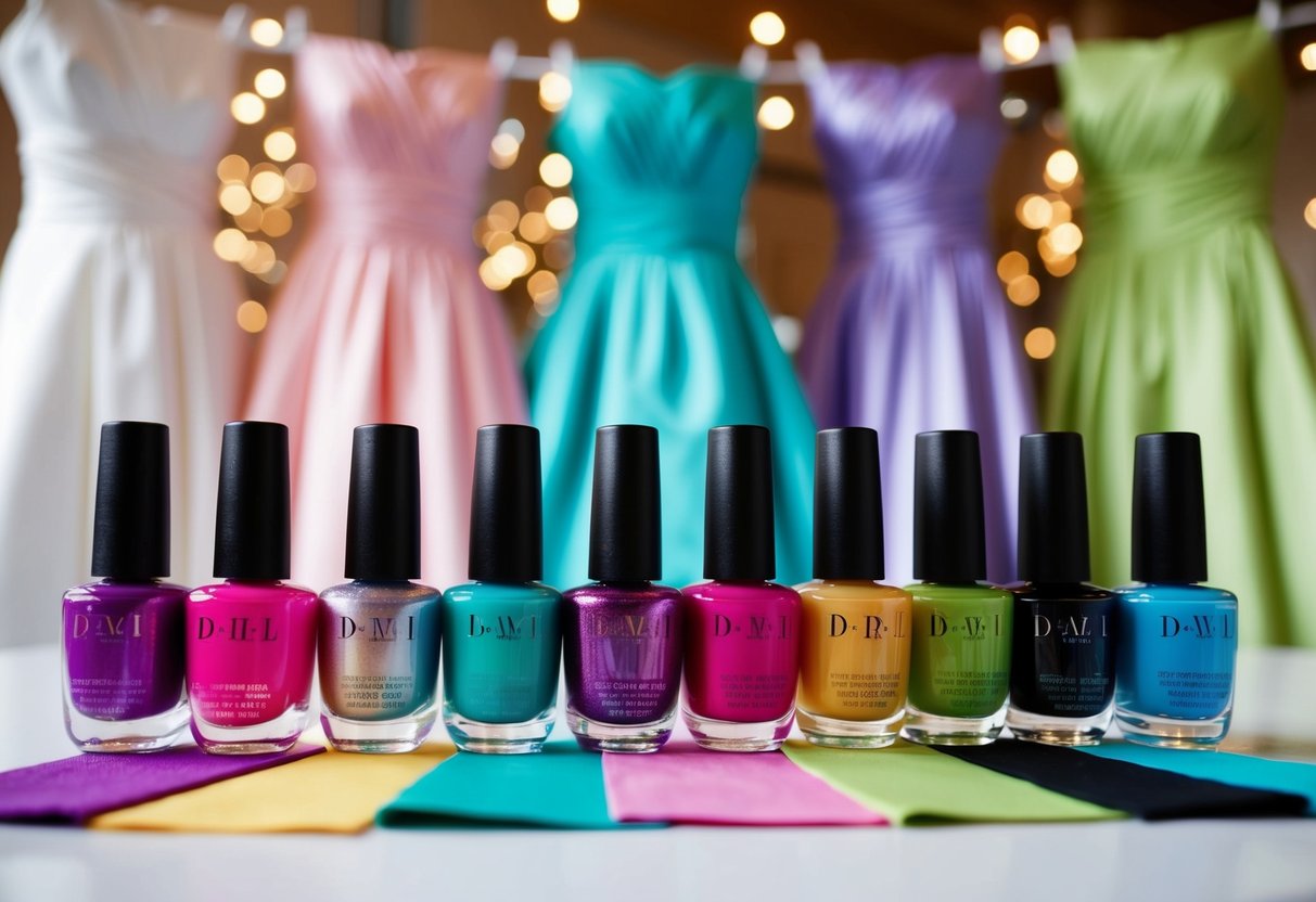 A row of colorful nail polish bottles on a table, surrounded by swatches of bridesmaid dress fabric