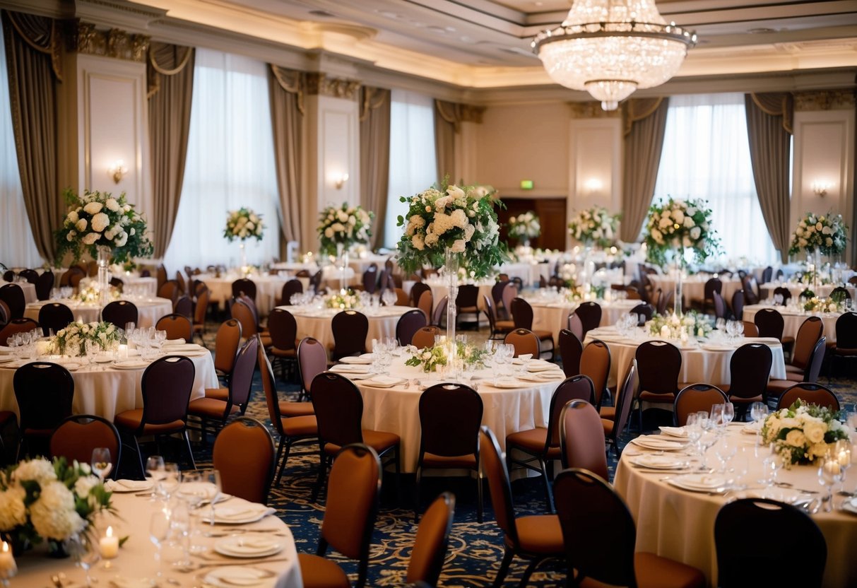 A grand banquet hall filled with elegantly decorated tables and chairs, with one side noticeably more crowded than the other