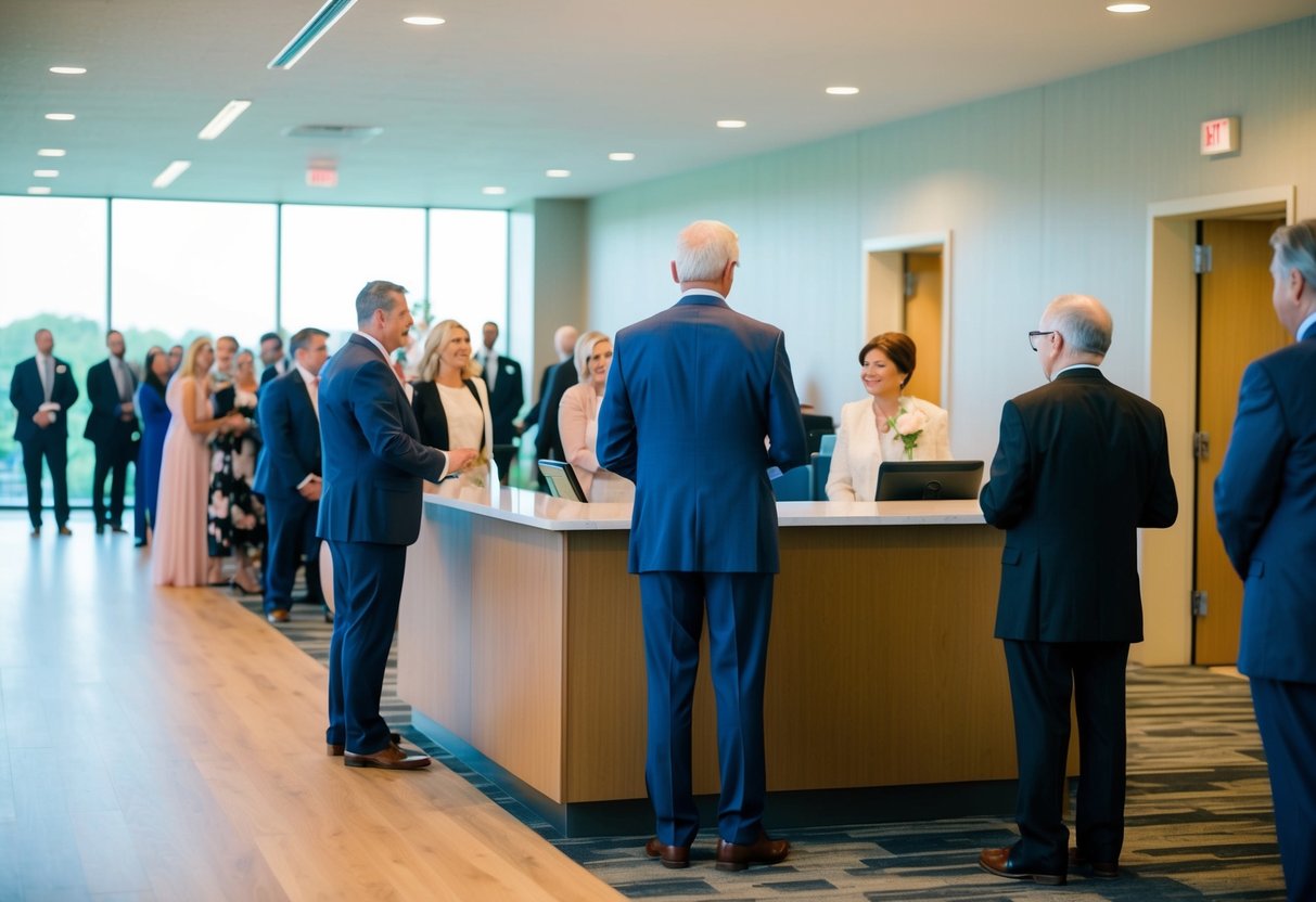 A family member stands at a reception desk with a long line of wedding guests waiting to check in