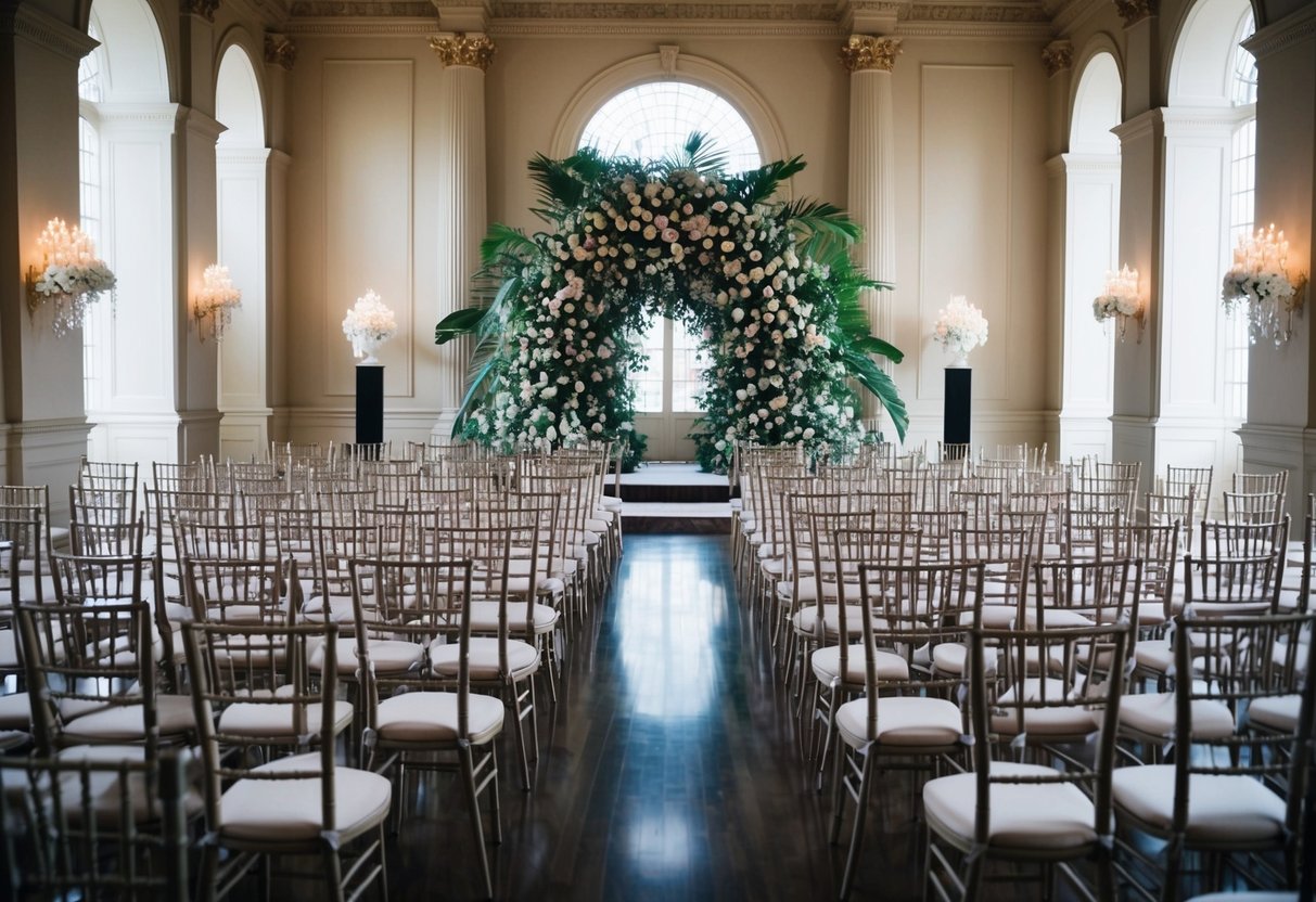 A grand ballroom filled with rows of empty chairs, an ornate archway, and a massive floral arrangement