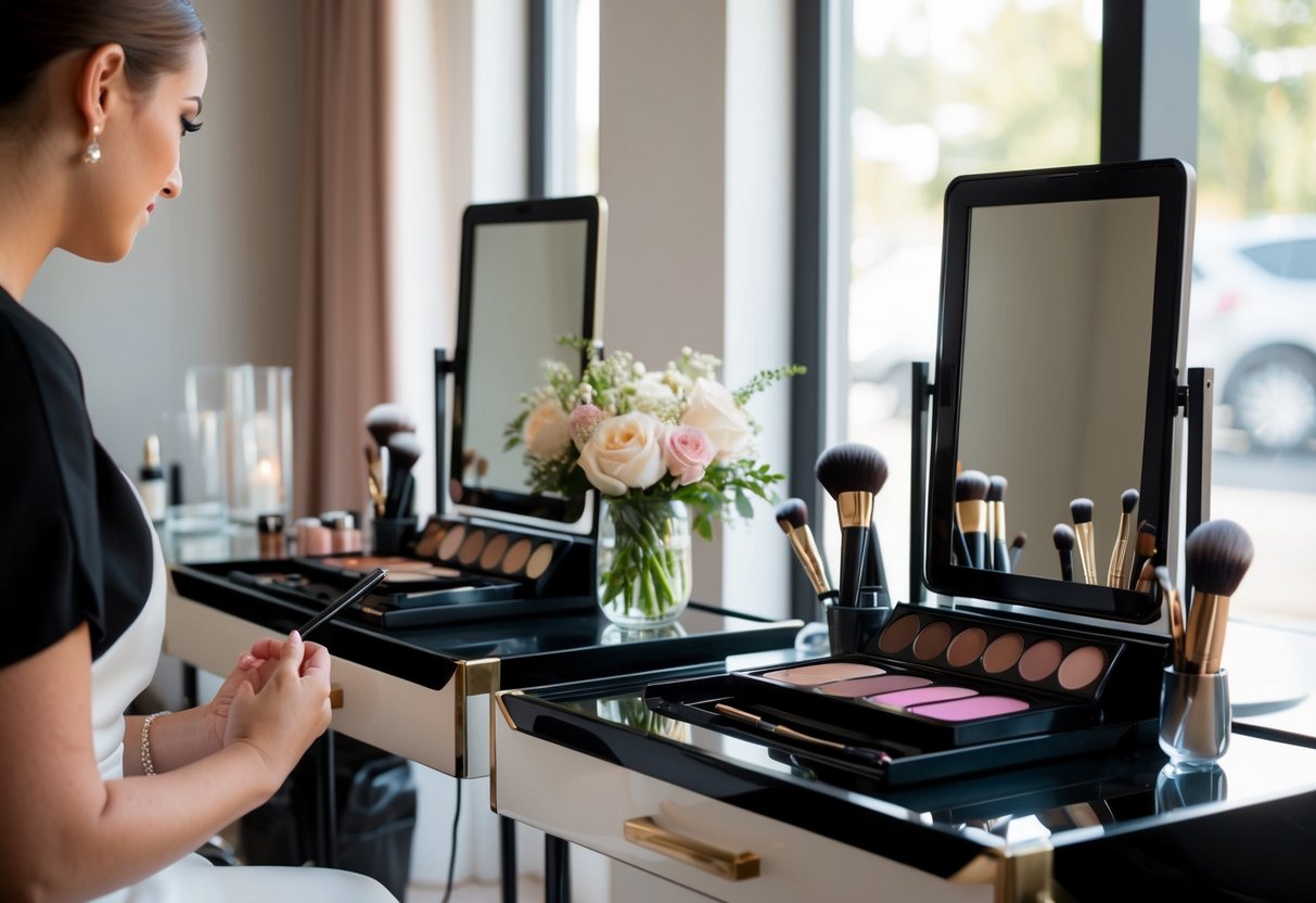 A makeup artist sets up a bridal makeup station with soft, romantic tones and personalized touches. Nearby, an event makeup station features bold, dramatic colors and a more general approach