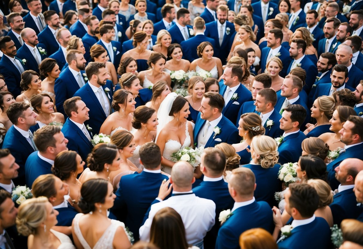 A crowded wedding party with numerous bridesmaids and groomsmen, creating a sense of overwhelm and chaos