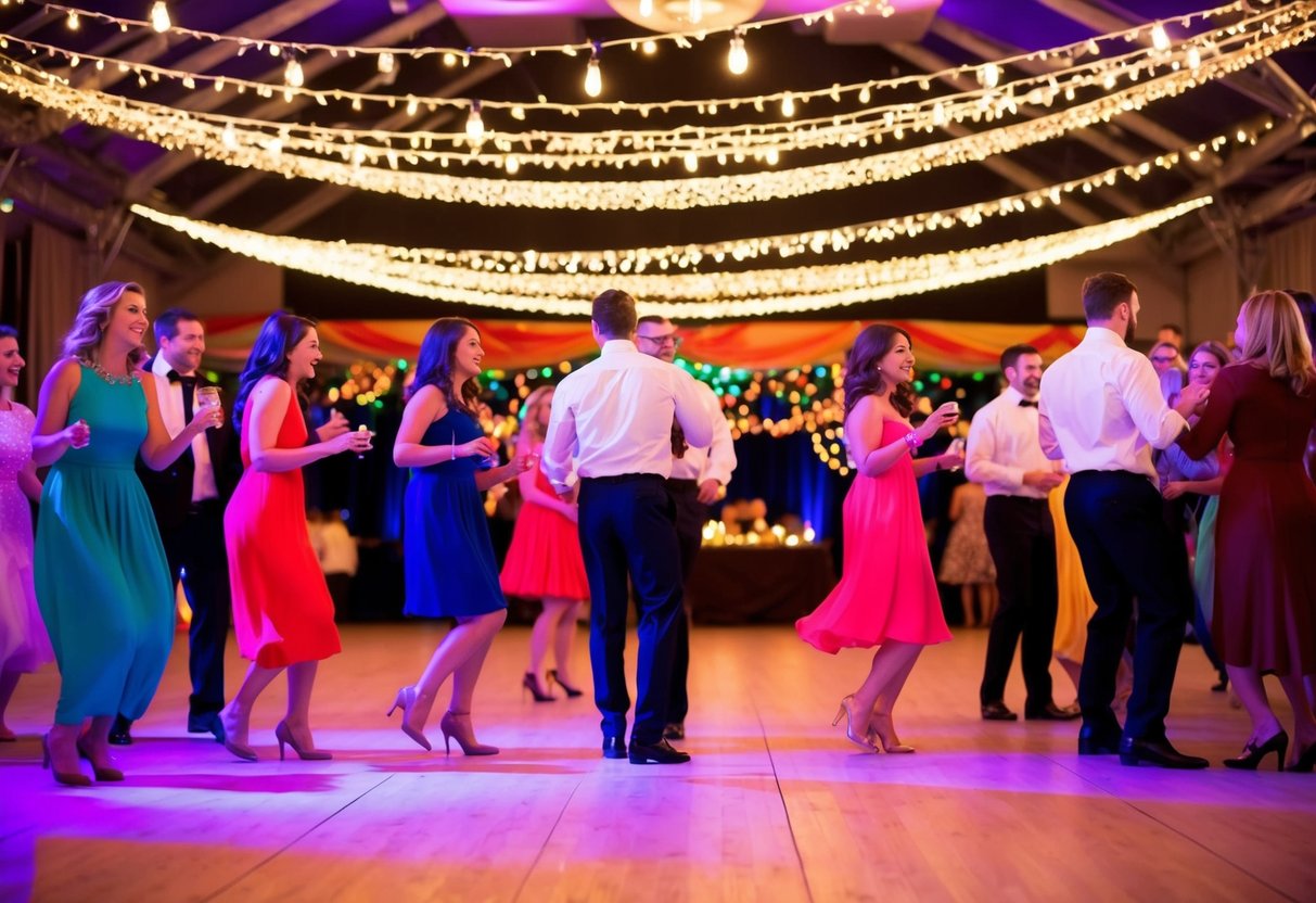 A colorful and vibrant party setting with festive decorations, twinkling lights, and a large open space for dancing and mingling