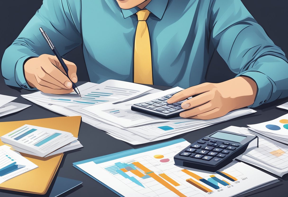 A person reviewing financial documents, with a calculator and pen, surrounded by paperwork and charts