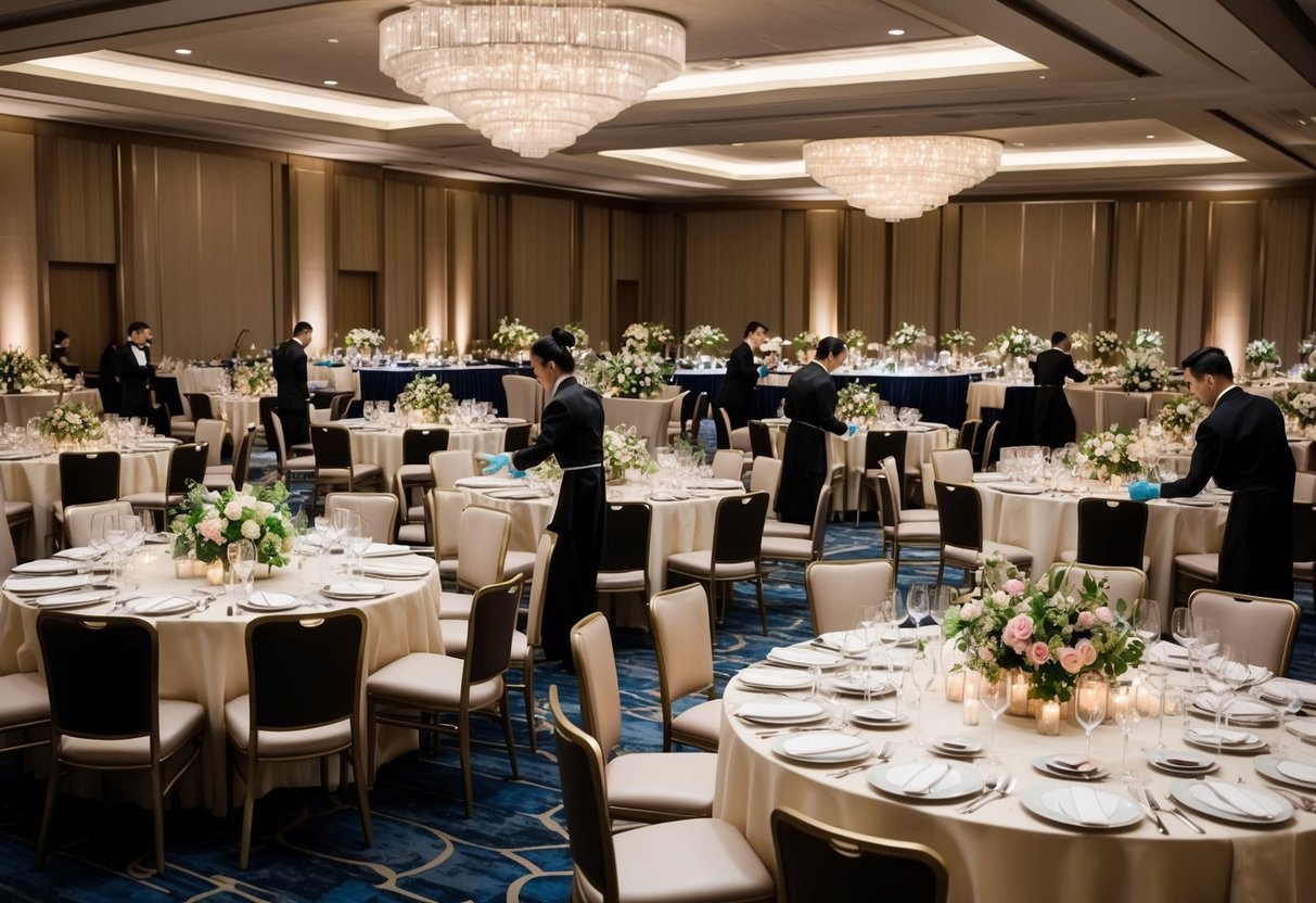 A banquet hall with elegant tables set for 100 guests, adorned with floral centerpieces and ambient lighting. Servers are arranging place settings and a catering team is preparing a lavish spread