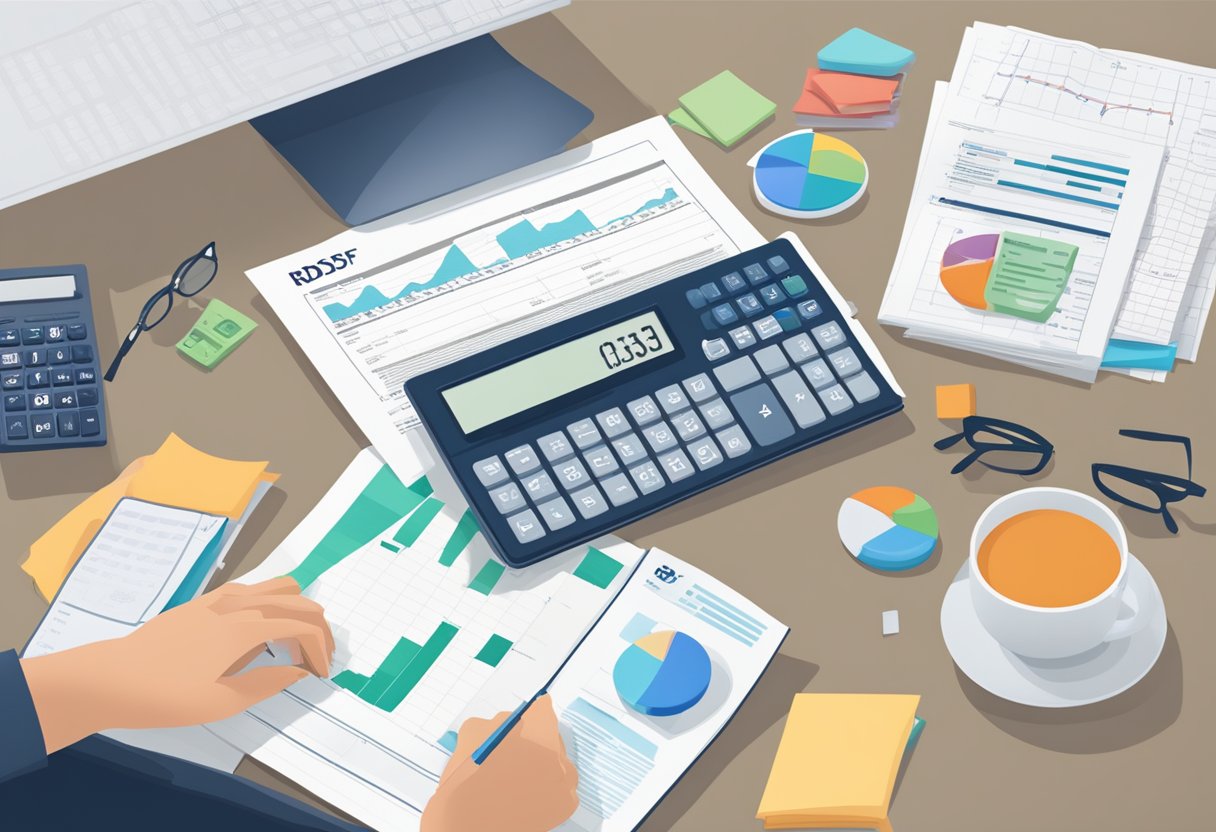 A person reviewing financial documents, a calculator, and an RDSP statement spread out on a desk