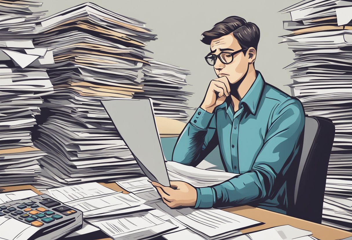 A person reviewing financial documents with a worried expression, surrounded by piles of paperwork and a calculator