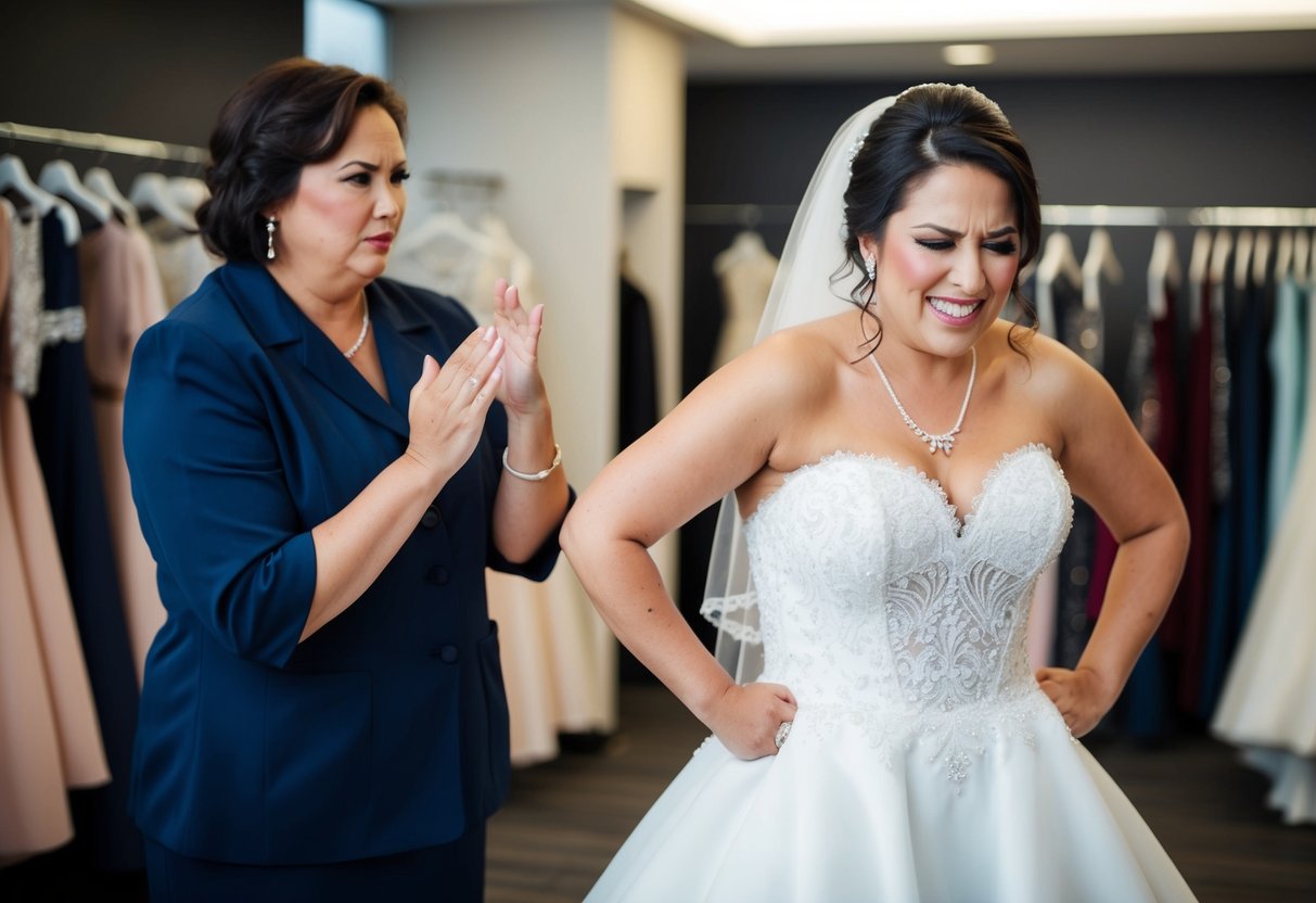 A bride frowning while trying on a too-tight dress with a disapproving salesperson nearby
