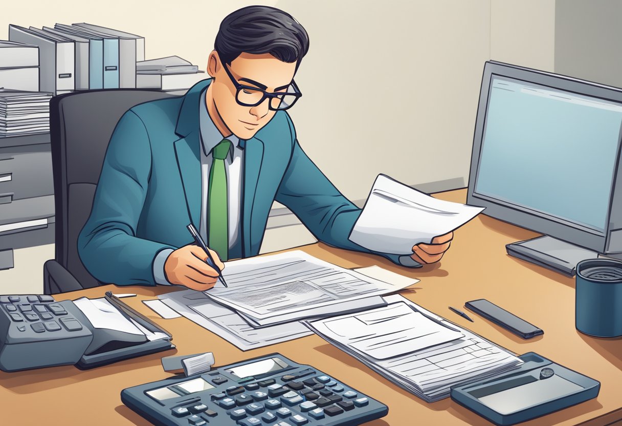 A person filling out paperwork at a desk with a calculator, forms, and a computer, surrounded by documents and a filing cabinet