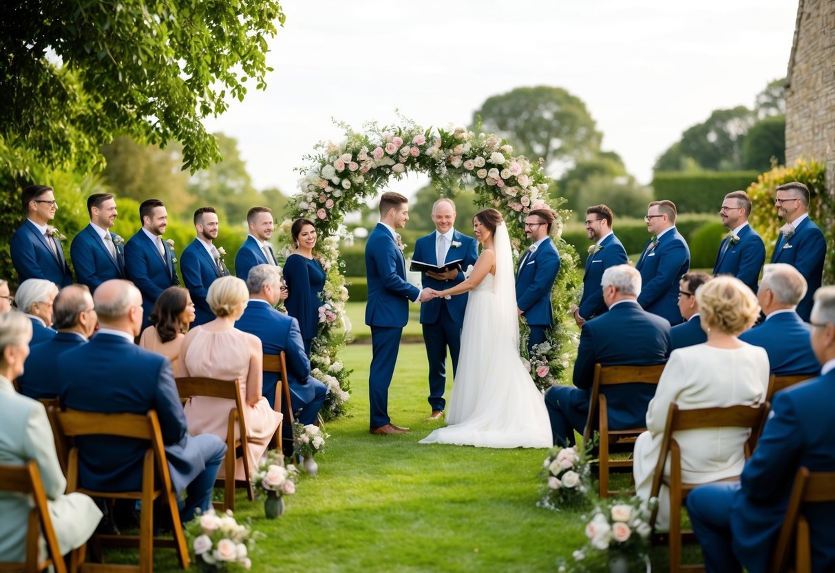 A cozy garden ceremony with 55 guests seated in a circle around the couple exchanging vows under a floral arch