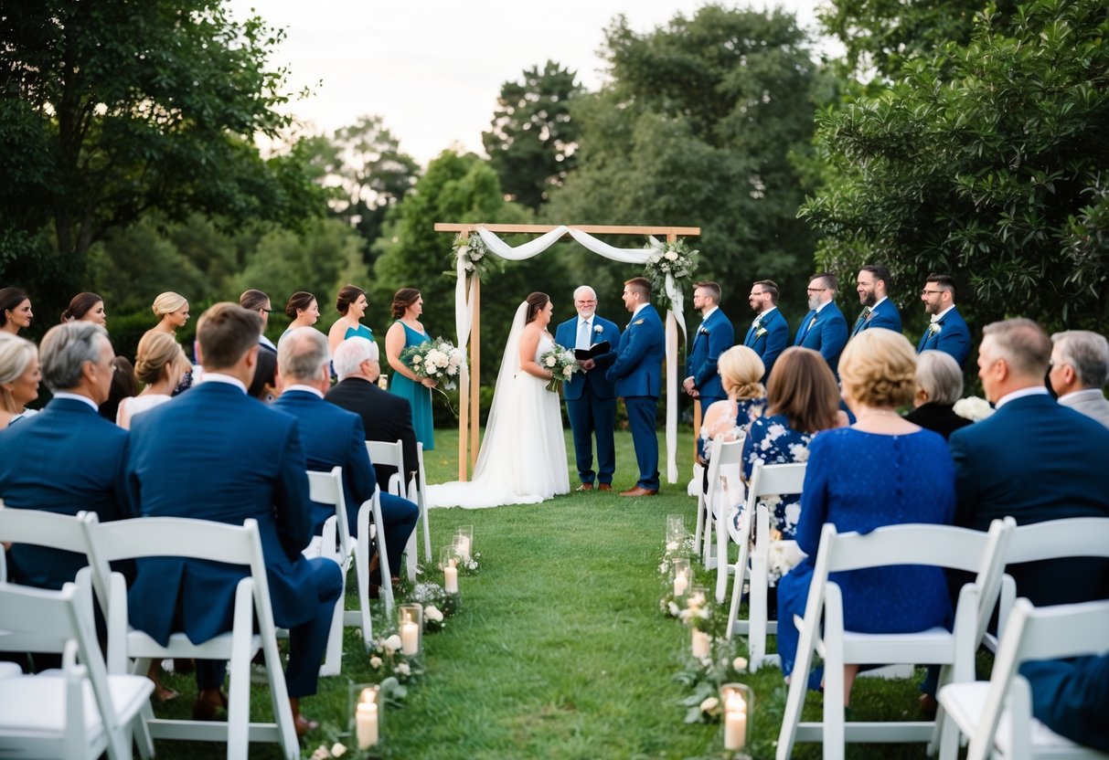 A small wedding: a cozy outdoor ceremony with a simple arch, surrounded by a handful of close family and friends seated in white folding chairs