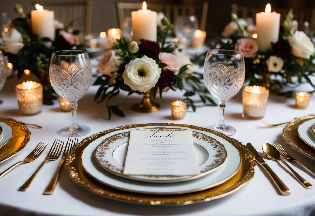 A table with two ornate place settings, surrounded by elegant floral centerpieces and flickering candlelight