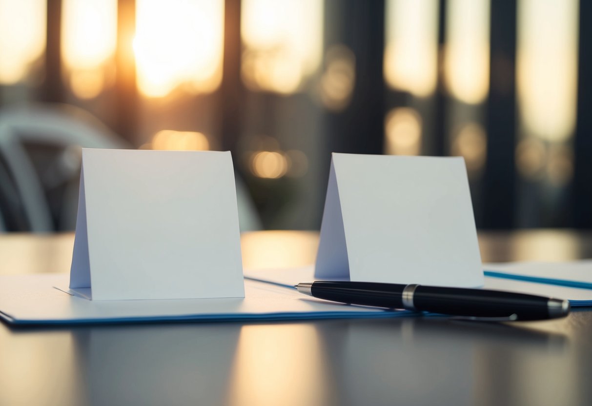A table with two placeholders and a pen poised to write