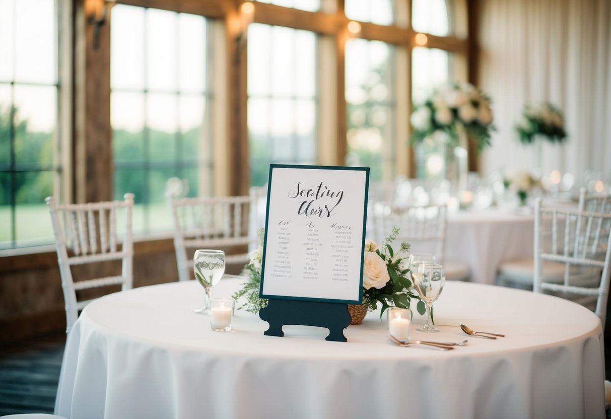 A table with a seating chart and empty chairs, with a wedding venue in the background