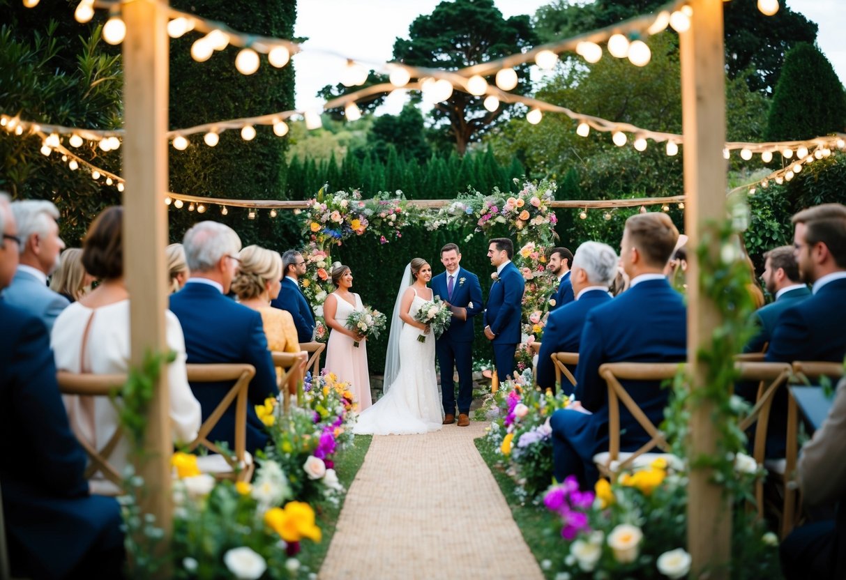 A cozy garden ceremony with a small guest list, surrounded by twinkling lights and colorful flowers