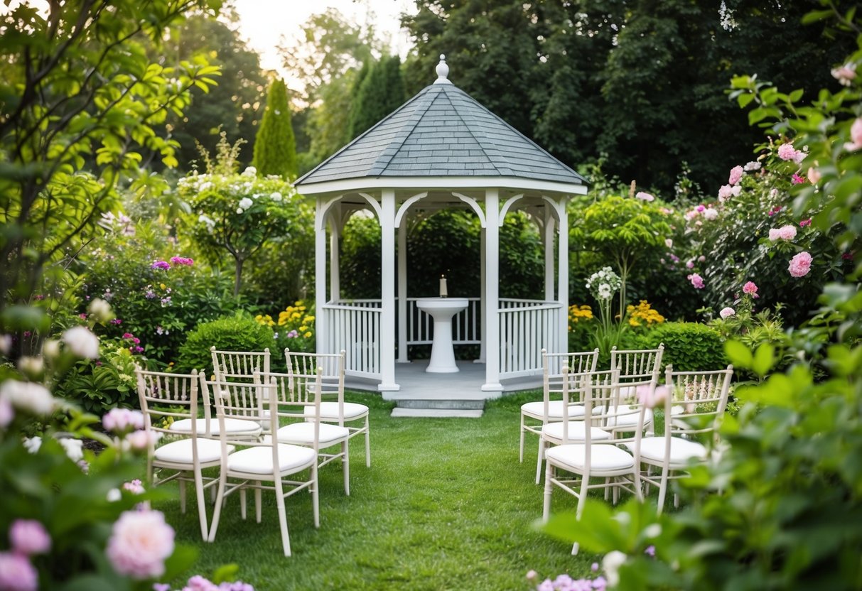 A serene outdoor garden with a small gazebo, surrounded by blooming flowers and lush greenery. A few elegant chairs are arranged in a semi-circle, with a simple altar at the center