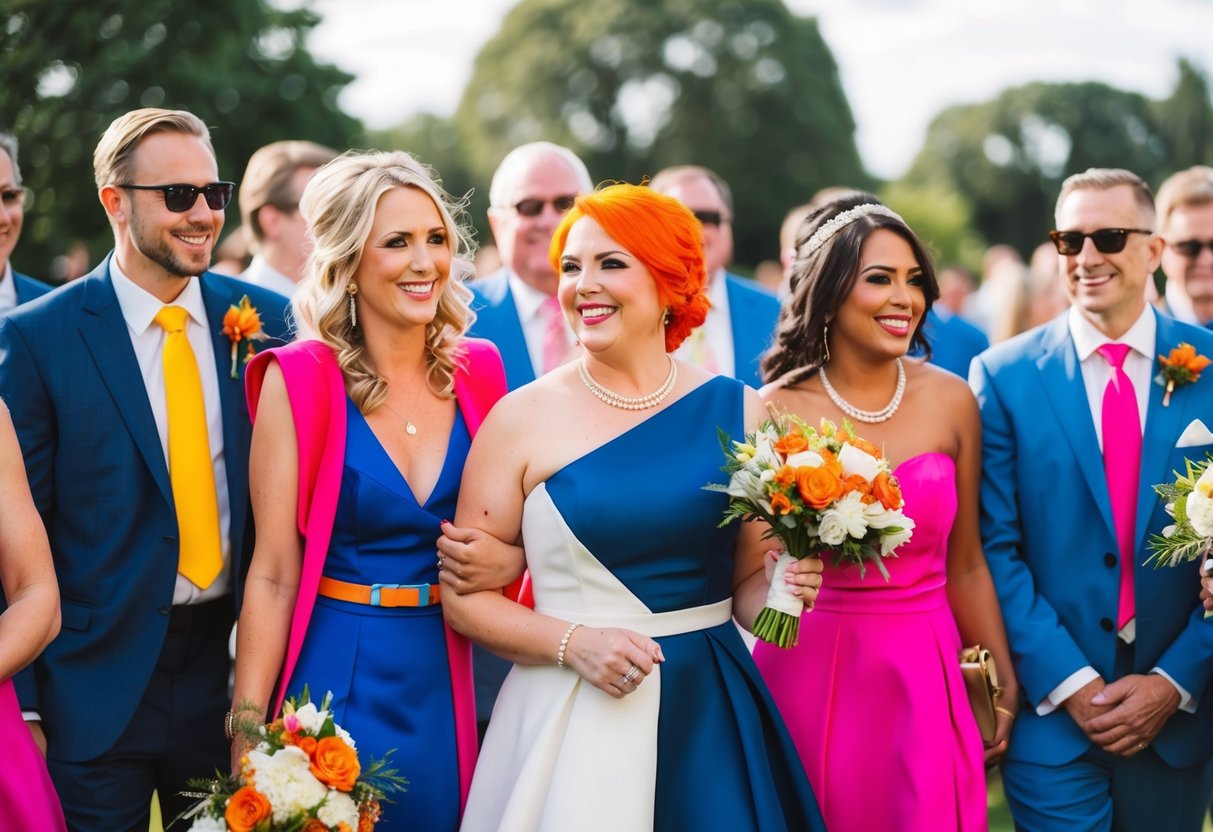 A wedding scene with guests wearing bright, bold colors
