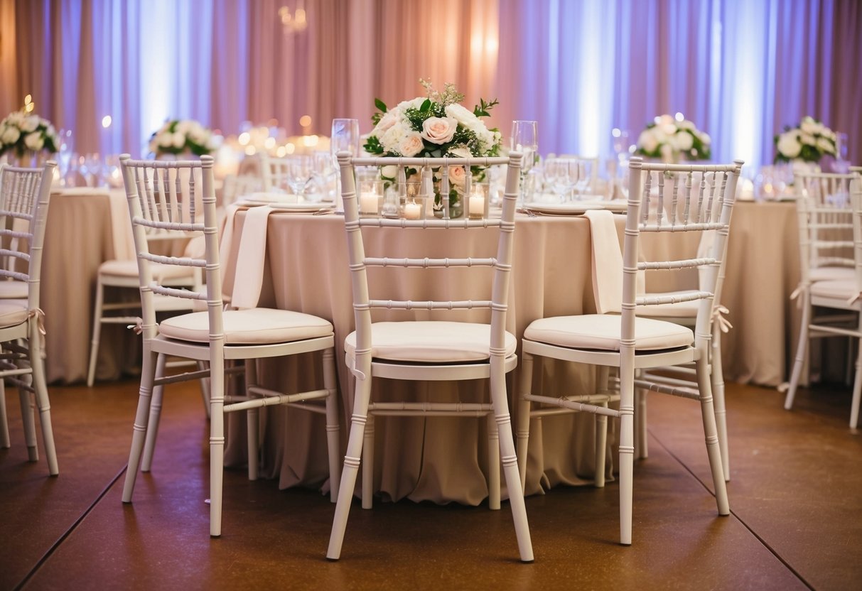Empty chairs at a decorated wedding reception