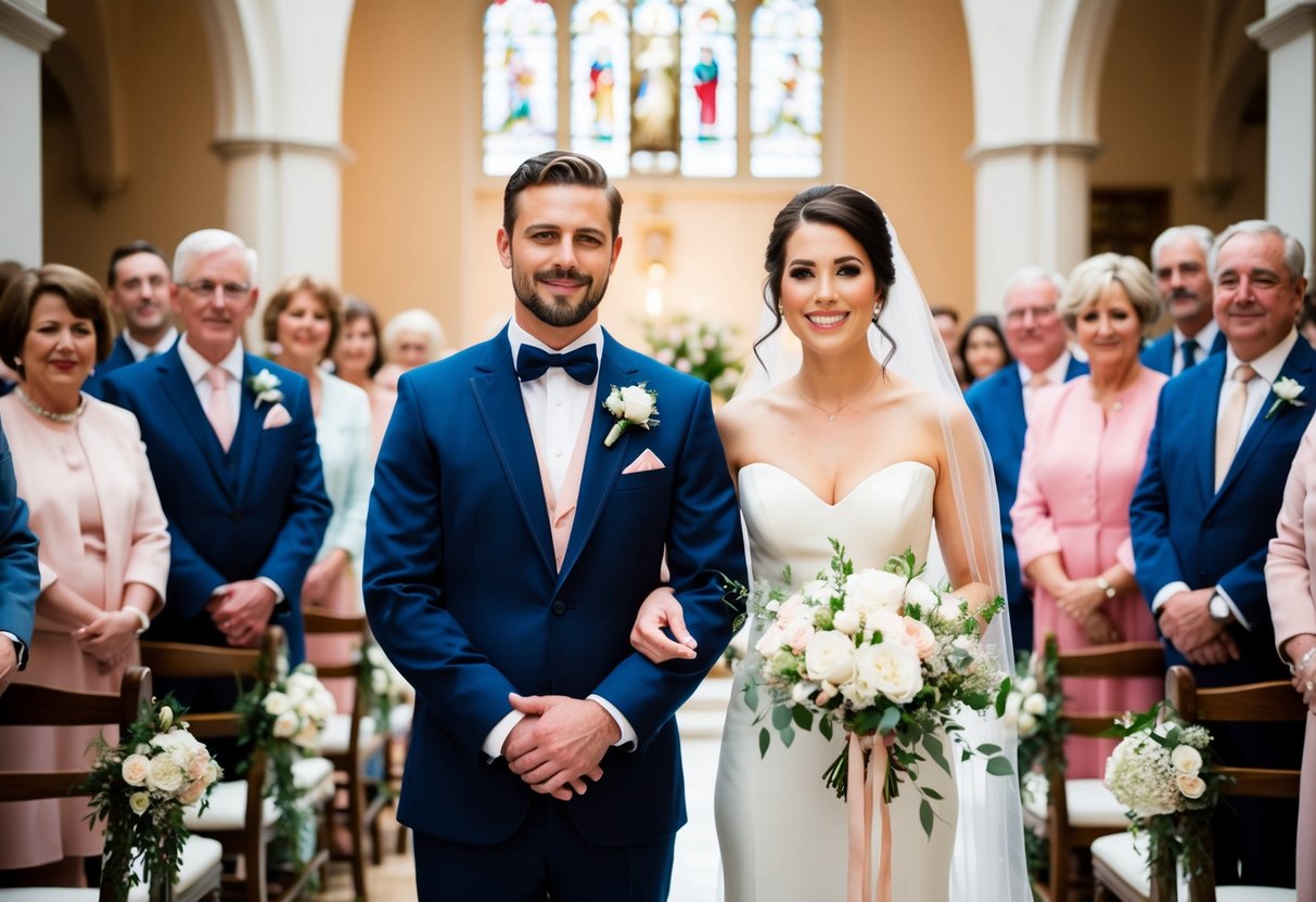 A bride and groom standing at the altar, surrounded by guests in elegant attire. The color palette is soft and pastel, with no bold or attention-grabbing hues