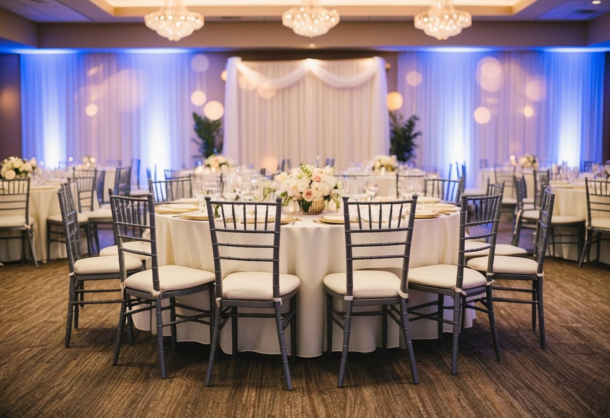 Empty chairs arranged in a wedding reception hall