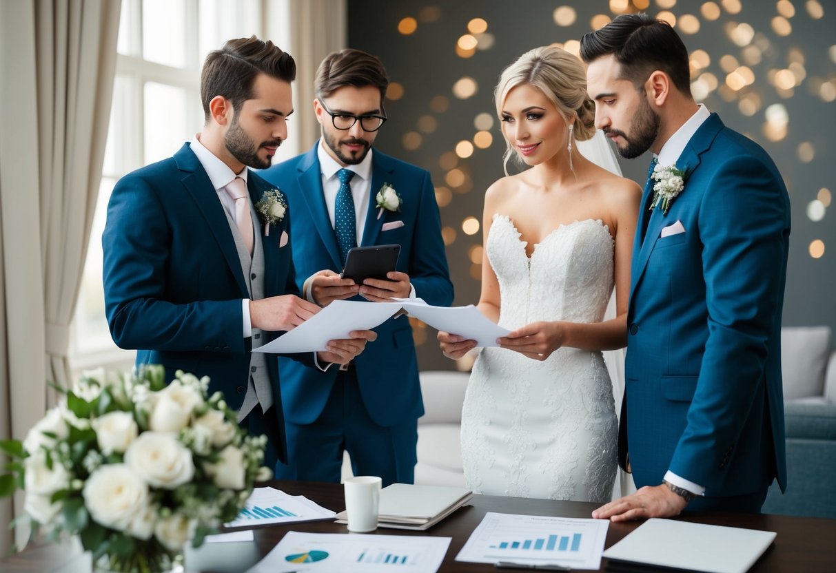A bride and groom reviewing their wedding budget, with a photographer discussing pricing and packages with them