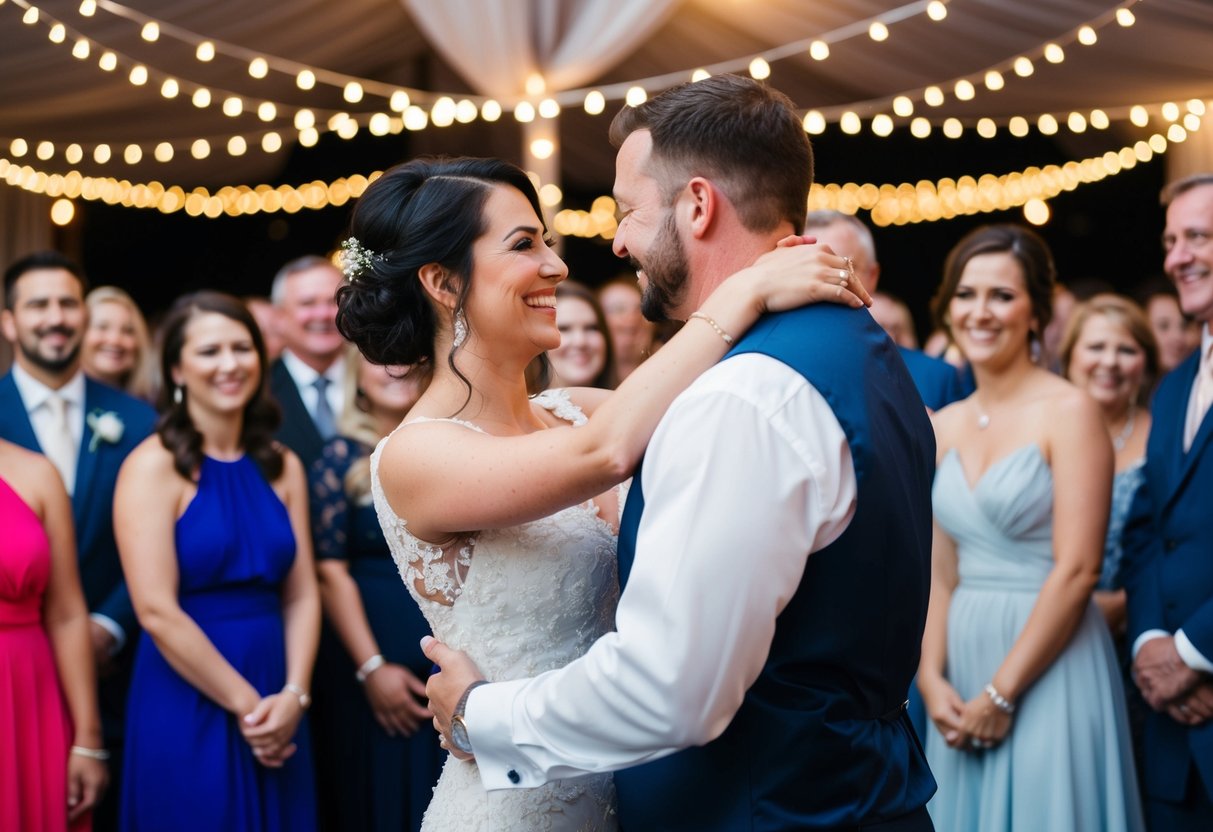 A photographer captures the couple's first dance, surrounded by smiling guests and twinkling lights
