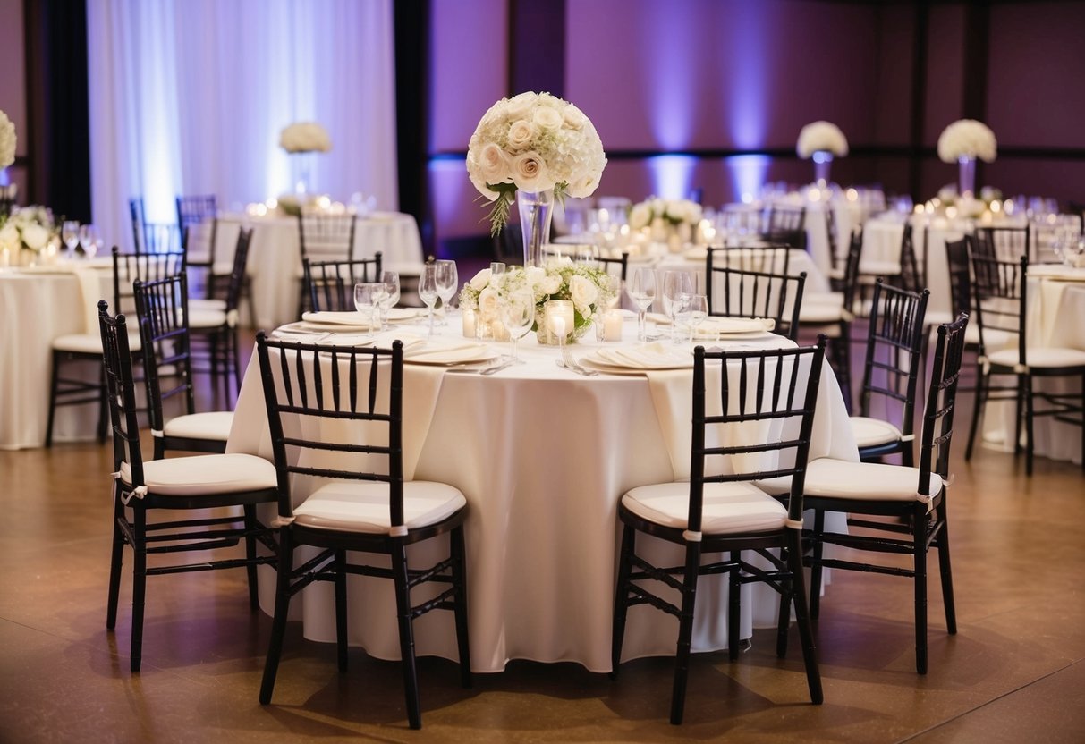 A wedding reception with empty chairs and tables, indicating guests who did not attend