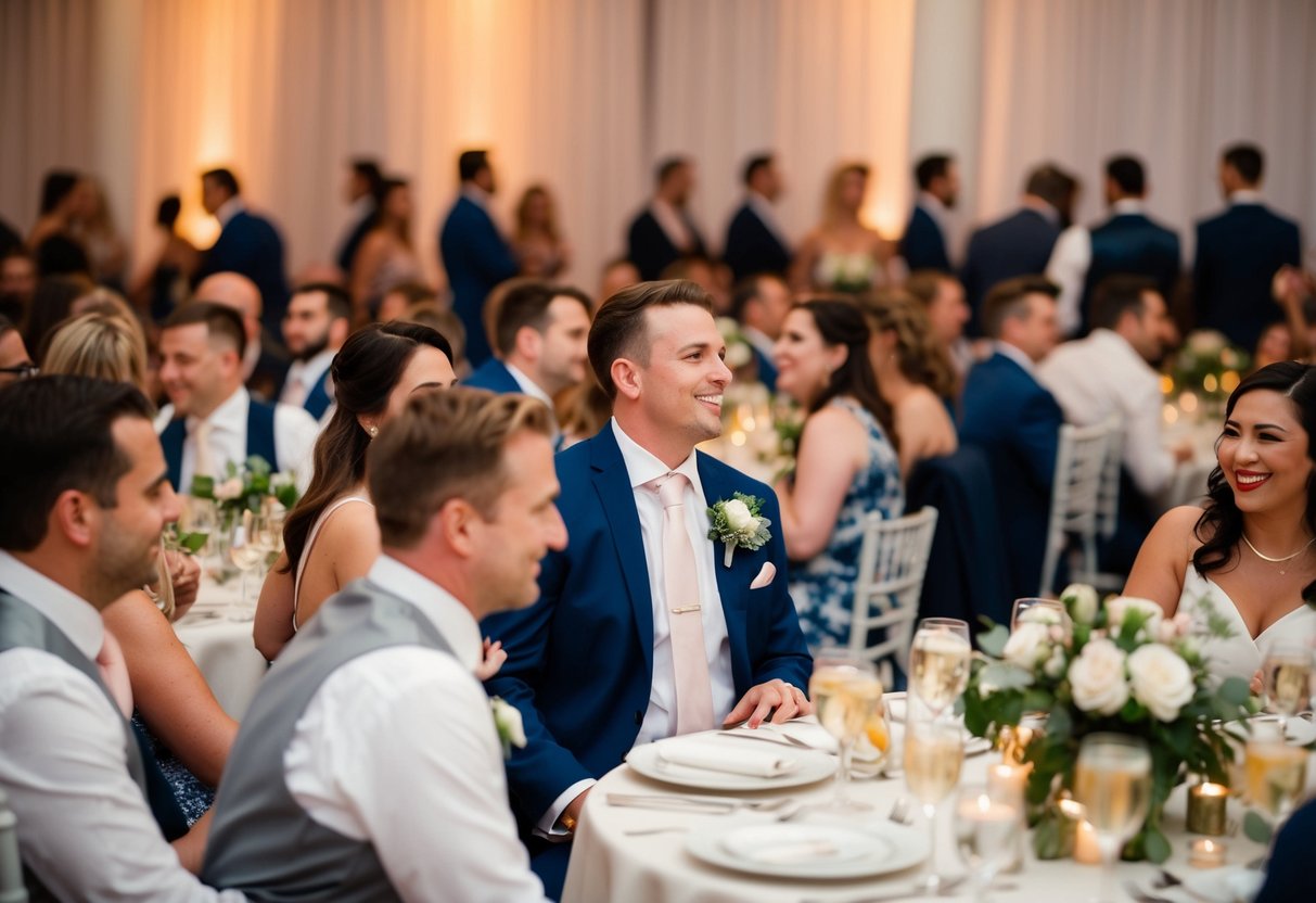 A bustling wedding reception with a photographer capturing candid moments amidst the crowd. Tables filled with guests enjoying the festivities