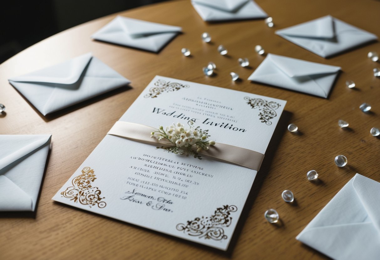 A wedding invitation lying on a table with a few unopened envelopes scattered around, indicating guests who did not attend