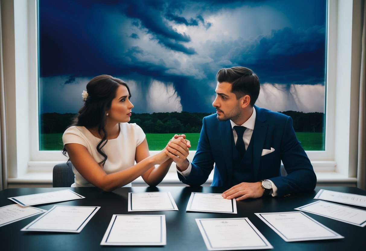 A couple sits at a table, surrounded by wedding invitations. They hold hands and look at each other with concern. Outside, a storm rages, mirroring the emotional turmoil within