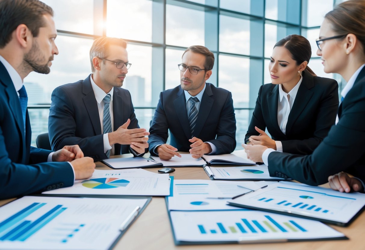 Un groupe de professionnels du secteur discutant d'un cadre juridique pour gérer l'échec d'un membre de GME, avec des documents et des graphiques étalés sur une table de conférence.