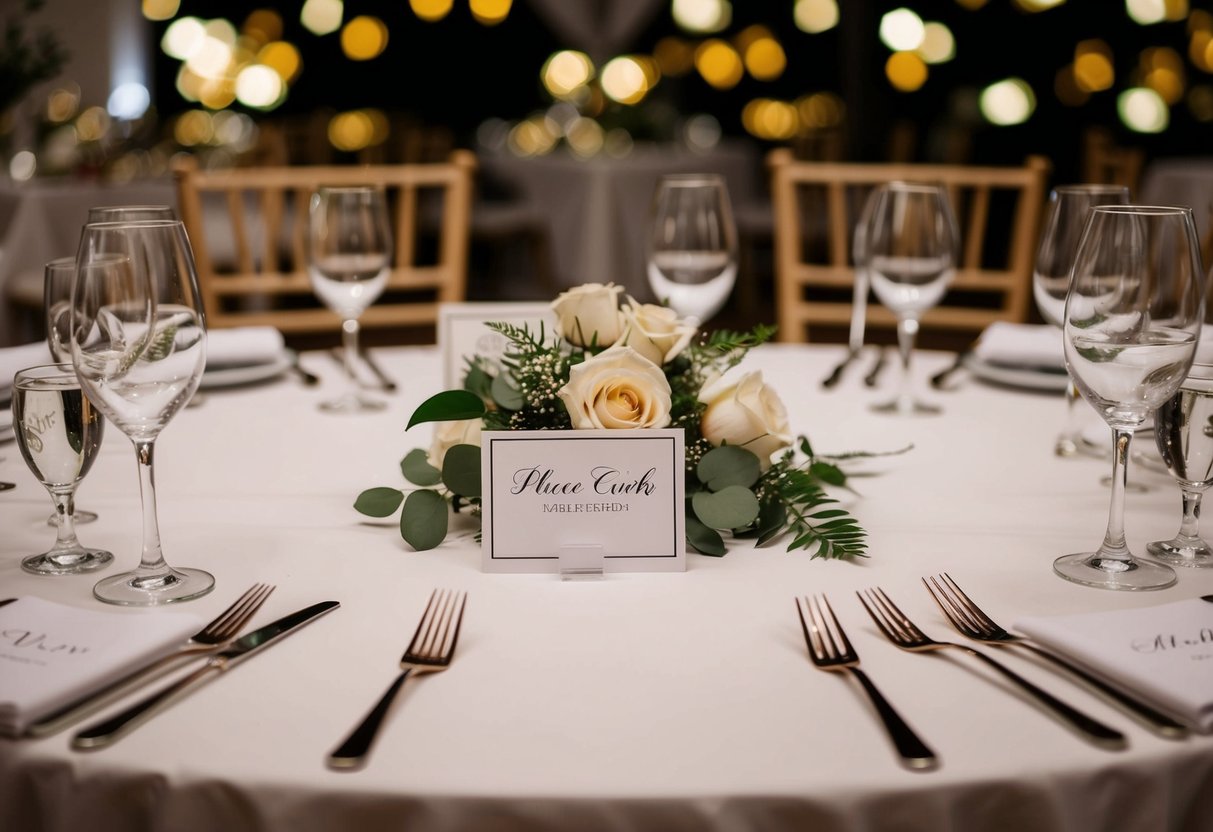A table with place cards and empty chairs arranged for a wedding reception