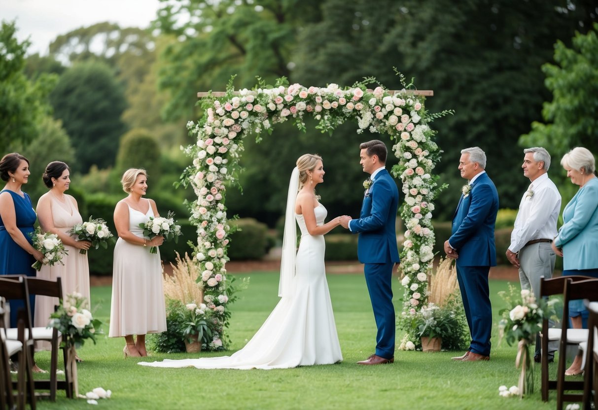 A couple stands in a serene garden, exchanging vows under a floral arch. Nearby, family members gather, some looking on with sadness while others offer support